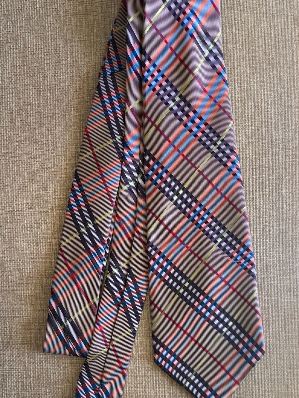 Vintage Burberry London Silk Tie Beige Plaid Nova Check Multi Stripe Italy